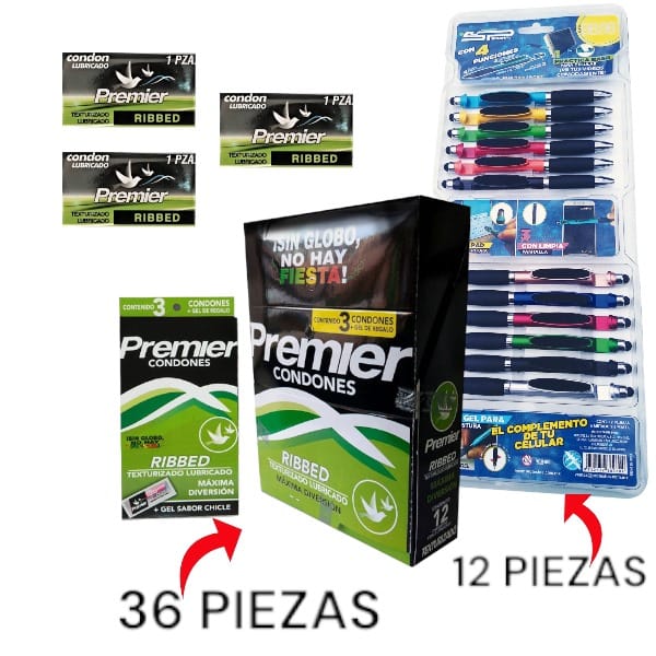 36 Condones Premier Texturizados más 12 Plumas Smart Pen | Protextos