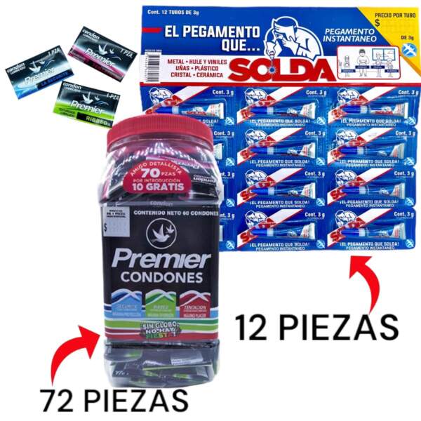 Vitrolero Con 72 Piezas Condones+ Regalo 12 Pegamentos Solda | Protextos